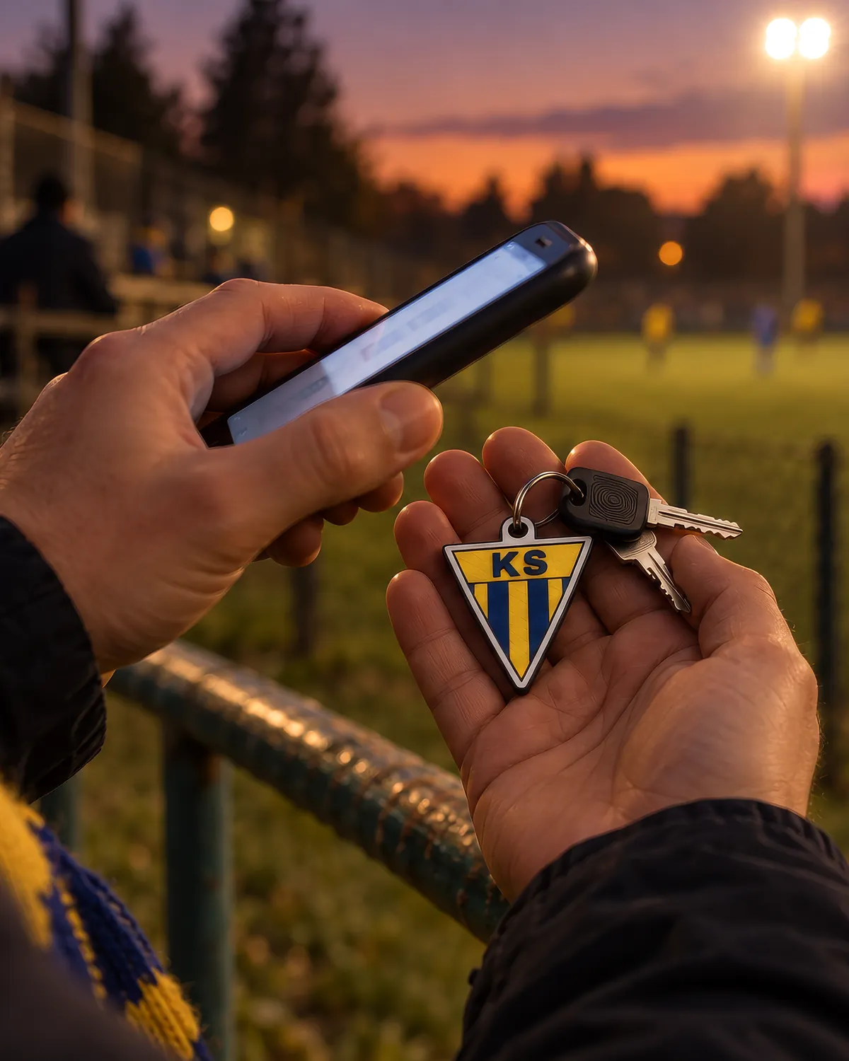 Kibic przykłada telefon do breloka z&nbsp;herbem trzymanego w&nbsp;dłoni